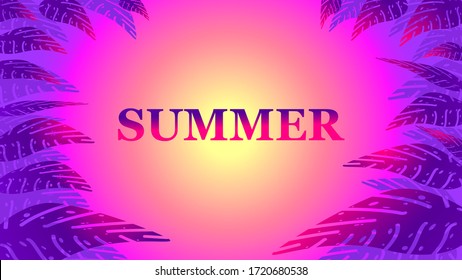 Miami Sunset at purple-pink gradient. Summer banner with  exotic leaves