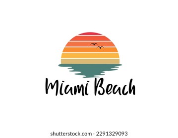 Miami sunset. T-shirt and apparel vector design, print, typography, poster, emblem with palm trees. Sunset logo design