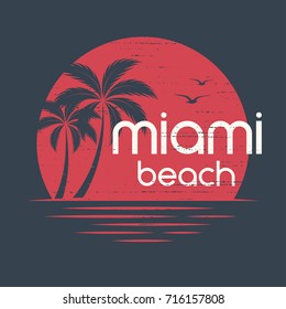 Miami sunset. T-shirt and apparel vector design, print, typography, poster, emblem with palm trees.