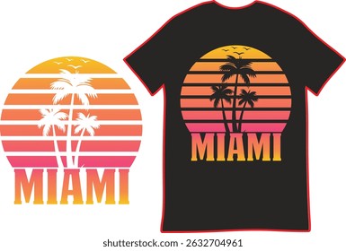 Miami Sunset T-Shirt Design with Palm Trees. This vibrant graphic design showcases a Miami-themed t-shirt.