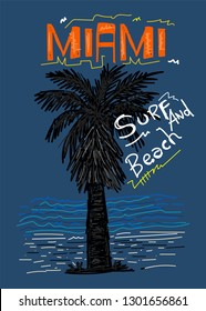 miami surf and beach,palm tree,t-shirt design