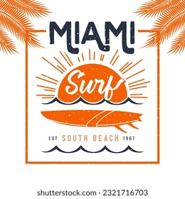 Miami surf logo for t-shirt and apparel, vintage vector design with palms. Typography for prints, badges, labels or posters