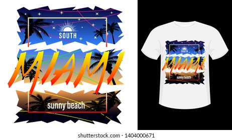 Miami Surf print t-shirt. The slogan on the backdrop of palm trees and sunset, evening starry sky. Beautiful vector illustration