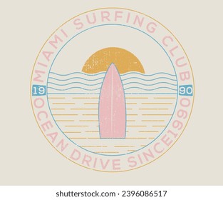 Miami surfing club. Paradise t shirt graphics design, typography slogan on palm trees background. Ocean drive vector design. Ocean wave graphic t-shirt artwork. Sunrise at the beach. Surfing board.