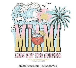 Miami surfing club print design. Miami beach big wave print design for t-shirt. Coconut artwork for poster, sticker and other. Summer vibes typography.