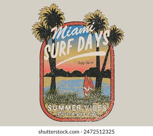 Miami surfing days vector design. Endless summer graphic print design. Tropical flower. Tropical island artwork. Summer slogan vector design. Surf club artwork.