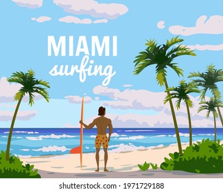 Miami surfing. Tropical beach summer resort, seashore sand, palms, waves. Surfer van with surfboard. Ocean, sea exotical beach landscape, clouds, nature. Vector illustration