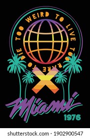 Miami text with palm and earth vector illustrations. For t-shirt prints, posters and other uses