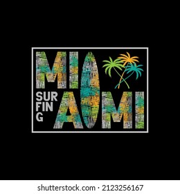 Miami Typografy Graphics. Konzept im Grunge-Stil für die Druckproduktion. T-Shirt mode Design. Vorlage für Poster, Druck, Banner, Flyer.