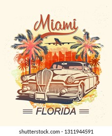 Tipografía de Miami para pantalones t con palma y camión retro. Cartel de época.