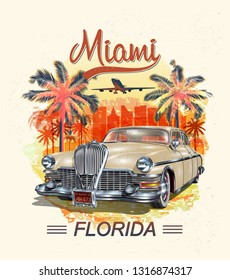 Miami typography for t-shirt print with palm and retro car.Vintage poster.