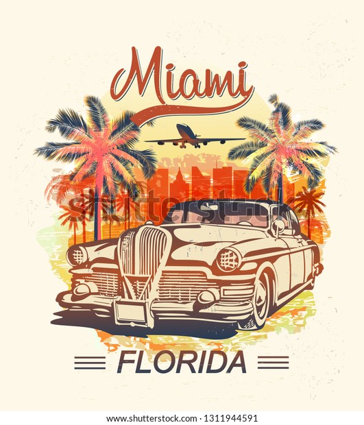 Miami typography for t-shirt print with palm and\
retro car.Vintage\
poster.