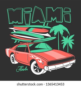Miami typography for t-shirt print and Retro car with surfboard.