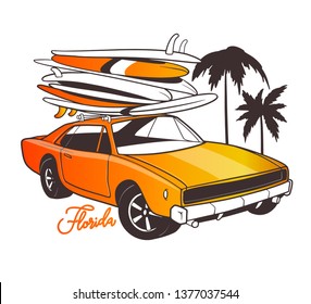 Miami typography for t-shirt print and Retro car with surfboard.