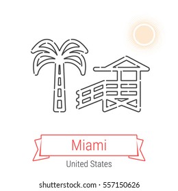 Miami (United States) flat style thin line icon with an inscription on a ribbon banner with the sun in the background. Miami logo, landmark, vector symbol. Palm Tree and Beach Cabin pictogram.