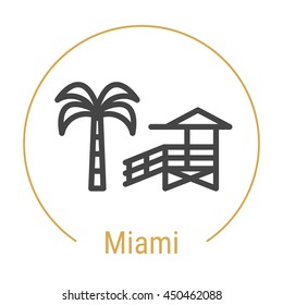 Miami (Vereinigte Staaten) Umriss Symbol mit Bildunterschrift. Miami City Logo, Wahrzeichen, Vektorsymbol. Miami Palm Strand und Strandhütte. Illustration von Miami einzeln auf weißem Hintergrund.