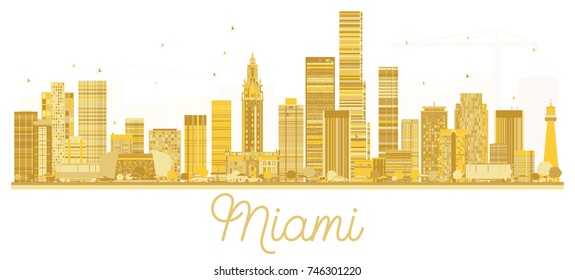 Miami USA City skyline golden silhouette. Vector illustration. Simple flat concept for tourism presentation, banner, placard or web site. Business travel concept. Cityscape with landmarks.