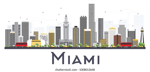 Línea aérea de Miami USA City con edificios grises aislados de fondo blanco. Ilustración vectorial. Concepto de viajes de negocios y turismo con edificios modernos. El paisaje urbano de Miami con monumentos.