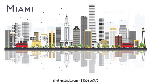 Miami USA City Skyline with Gray Buildings Isolated on White Background. Vector Illustration. Business Travel and Tourism Concept with Modern Buildings. Miami Cityscape with Landmarks.