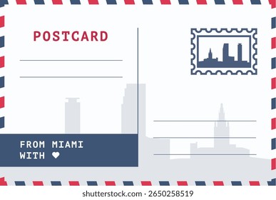 De Miami, EUA modelo de cartão postal. Ilustração de cartão-postal vetorial com carimbo, ponto de referência, mensagem. Layout de imagem simples de saudações simples