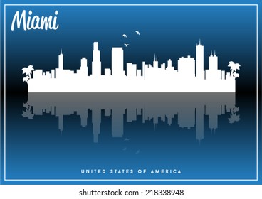 Miami, USA skyline silhouette vector design on parliament blue background.