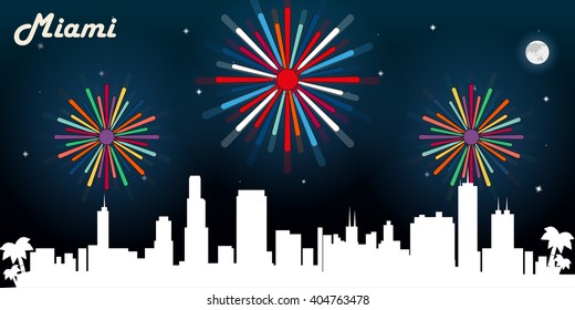 Miami USA skyline silhouette vector design, dark night sky with fireworks