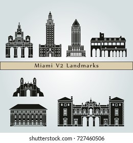 Miami V2 landmarks and monuments isolated on blue background in editable vector file