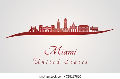 Miami V2  skyline in red and gray background in editable vector file