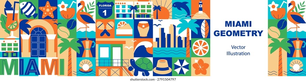 Miami Vacation Seamless Pattern and Horizontal Banner with Tropical Travel Symbols, Florida Summer Tourism Background, Flat Vector Memphis and Geometric Design Elements