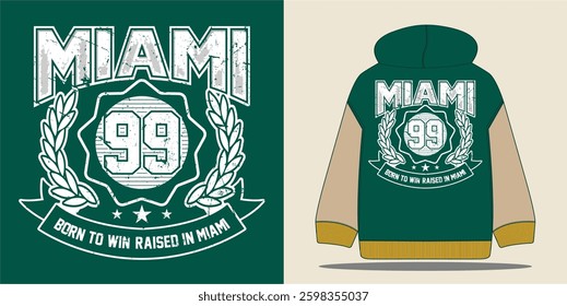 Miami varsity text print design with retro college style typography, ideal for T-shirts, hoodies, and streetwear fashion. Perfect for casual and athletic wear