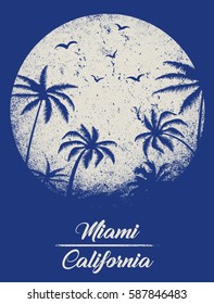 Miami - vector illustration concept in vintage graphic style for t-shirt and other print production. Palms; wave and sun vector illustration. Design elements.