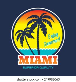 Miami - vector illustration in vintage graphic style for t-shirt and other print production. Palms, wave and sun creative logo badge. Summer vacation concept. Design elements.