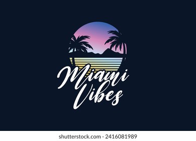 miami vibes 80s retro with gradient background logo and palm trees vector