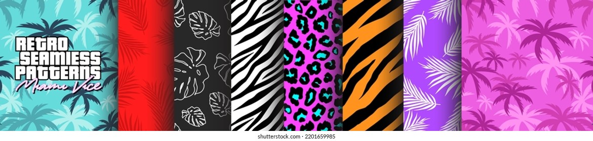 Miami Vice Retro Seamless Patterns. Graphic collection for hawaiian shirts, apparel, textiles, backgrounds and print projects. Palm leaves, monstera, tiger, zebra texture. Summer vibes.