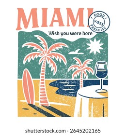 Miami Vintage Sunset Tropical Beach Design, Hand-Drawn Palm Trees, Summer Graphic for Men and Women’s Spring, Summer Apparel