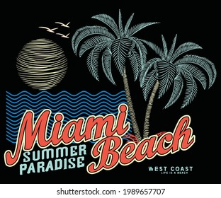 Miami wave summer paradise vector design. Tropical vibes t shirt design. Summer birds with sun artwork.