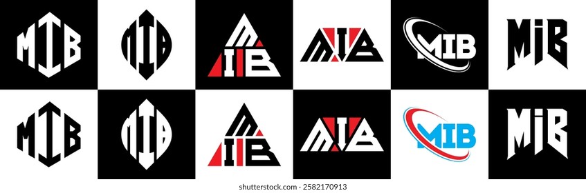 MIB letter logo design in six style. MIB polygon, circle, triangle, hexagon, flat and simple style with black and white color variation letter logo set in one artboard. MIB minimalist and classic logo