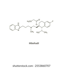 Mibefradil flat skeletal molecular structure Calcium chanel blocker CCB drug used in hypertension treatment. Vector illustration scientific diagram.