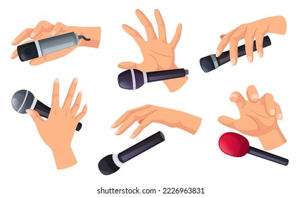 Mic drop gesture. Cartoon hand holding and dropping microphone to end performance epically isolated vector Illustration set. Sign of successful completion of speech, debate, triumph