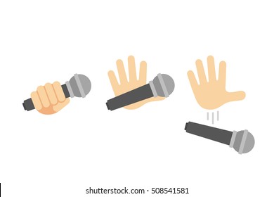 Mic Drop Illustration Set. Cartoon Hand Holding And Dropping Microphone Action.