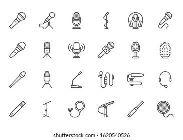 Mic Flat Line Icons Set. Podcast Mike, Journalist Microphone, Karaoke, Conference, Windscreen, Retro Radio Vector Illustration. Outline Pictogram For Music Store. Pixel Perfect 64px *5 Editable Stroke