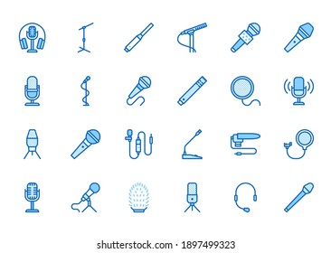 Mic flat line icons set. Podcast mike, journalist microphone, karaoke, conference, windscreen, retro radio vector illustration. Outline pictogram for music store. Blue color, Editable Stroke.