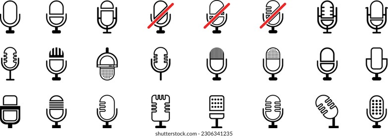 Mic conjunto de iconos de línea plana. Micrófono de podcast, micrófono de periodista, karaoke, conferencia, parabrisas, ilustración de vector de radio retro. Ilustración del vector