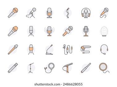 Mic flat line icons set. Podcast mike, journalist microphone, karaoke, conference, windscreen, retro radio vector illustration. Outline pictogram for music store. Orange color. Editable Stroke