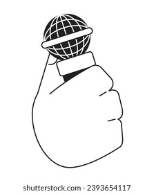 Mic holding cartoon hand outline illustration. Standup comedian 2D isolated black and white vector image. Speaking into microphone. Reportage. Karaoke singer flat monochromatic drawing clip art