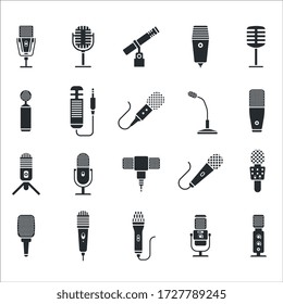 Mic icon. Radio and music microphone icon set. Modern voice mike and retro radio mic stand on white background.