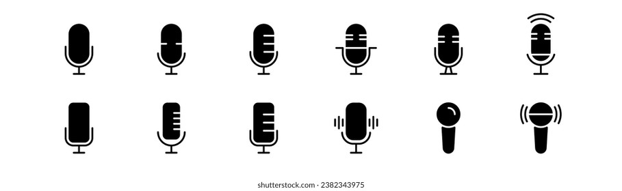 Conjunto de iconos de micrófono. Micrófono negro. Micrófono de radio en glifo. Símbolo del micrófono. Ilustración vectorial.