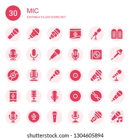 mic icon set. Collection of 30 filled mic icons included Microphone, Karaoke, Cd, Voice recognition, Recording, Commandments, Mic