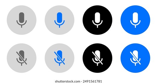 Mic icon set. Mute Microphone sign. Karaoke mic pictogram. Voice illustration. Vocal symbol. Grey, blue and black button.