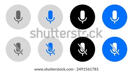 Mic icon set. Mute Microphone sign. Karaoke mic pictogram. Voice illustration. Vocal symbol. Grey, blue and black button.